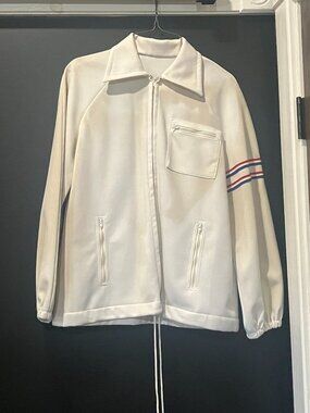 Vintage 1970s Handmade White Athletic Jacket with Red & Blue Stripes Ole Miss